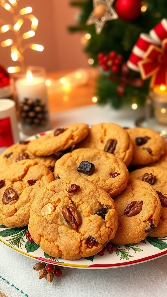 A plate of Christmas Vagabond Cookies with nuts and dried fruits, set against a festive holiday backdrop.